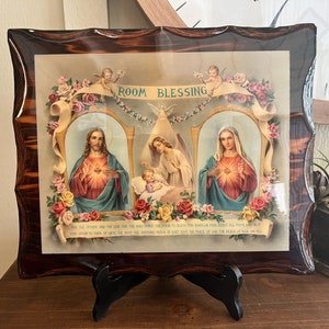 VINTAGE, Wood, Decoupage, Picture, JESUS and Mary, Room Blessing, Birds Picture Factory, USA, 12 Inch, Kitchy Vintage, 1960's   B29-2-25