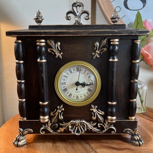 Victorian, Ornate, Mantle Clock, Dark Wood, (Remake), Decrotive, Gold Highlights, Footed, Quartz, 11.5", 1980's   B59-3-10