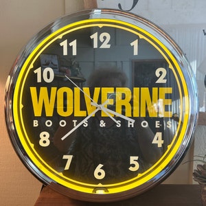 Reloj de neón WOLVERINE con forma de zapato y bota, raro, grande, neón amarillo, 45 cm, vintage, funciona, década de 1980, K2/25
