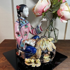 Vintage, Chinese, Wucai, Porcelain, Pottery, RARE, Oriental, Girl, Lady, Holding Egg Basket w/Chickens, 7 Inch, 1960&#39;s, ISSUES   L8/27-8-13