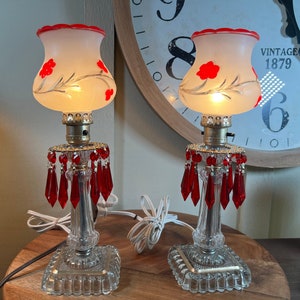 Glass Drop Red Crystal Table Lamps, Dresser Lamps, 15 Inch, Frosted Glass with Floral, 1940&#39;s  K7/3-6-28