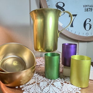 Vintage MCM Aluminum Pitcher Set Six,  3 Cups, Pitcher, 2 Bowls, Multi-color, Green, Purple, Gold, USA, 8 Inch   B85-8-28   (Set #1)