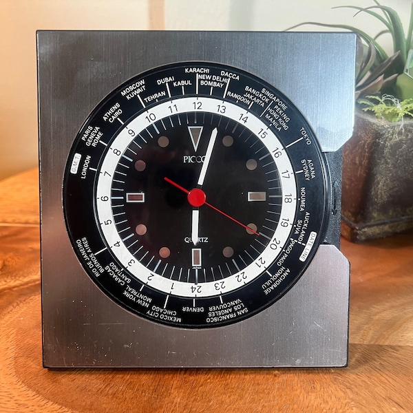 Picco, Quartz, World Time Clock, PQZ101S, Japan, LR1, Vintage, Working, 6 Inch, 1980's   B109-1-24