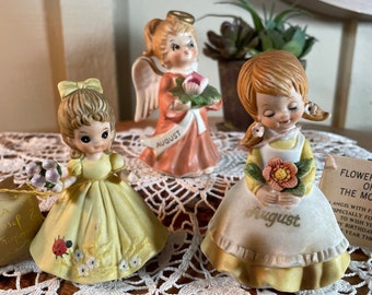 3 niñas ángel de porcelana vintage de cumpleaños de agosto, Lefton, Josef, KE Levens, década de 1960, 4' B72-4-24