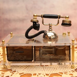 Vintage Acrylic Telephone Trinket Music Box, Jewelry Music Box, 5.5&quot;. Desk with Telephone, 1960&#39;s      B89-5-25