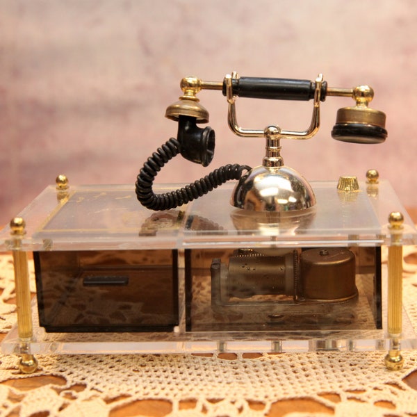 Vintage Acrylic Telephone Trinket Music Box, Jewelry Music Box, 5.5". Desk with Telephone, 1960's      B89-5-25