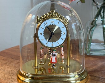 Miniature Anniversary Clock, German Schmid, 30 Hour, German Man & Woman Spinners Bottom, Mechanical, Wind Up, 6", 1970's       B72-5-1
