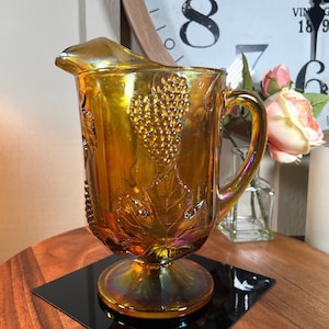 Vintage, 60s, Indiana Glass, Iridescent Amber, Carnival Glass, Pitcher, Harvest Grape, Design, 64 Oz, 10.5"   B120-9-3