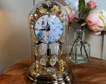 Bulova, Hand Decorated, Butterfly, Anniversary Clock, Ornate, Gold, Purple, Blue, 9 Inch, Left Girl, Right, Quartz, , 1980   K1/22   (#1)