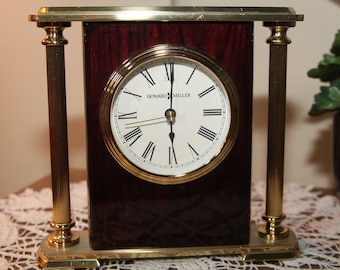 Vintage Howard Miller, Solid Heavy Brass Column & Polished Wood Mantel Quartz Clock, 7", 1980's   B56-7-18