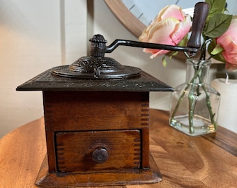 Antique Coffee Grinder, Wood with Black Cast Iron Top, Wood Coffee Mill/Grinder,   7 1/4", 1940's   B17-4-8