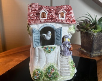 Schmid Music Box, Ceramic Cottage, with Moving Bird, Yamada Japan,Plays "Ph What A Beautiful Morning", 1880's, 6 Inch   B118-4-22   (#11)