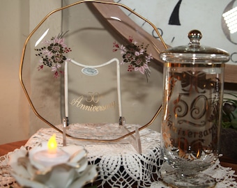 Vintage 50th Wedding Anniversary Gifts, Glass Dish, Glass Covered Container, Porcelain Rose, 8", 1970's   B98-8-17