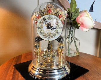 Vintage, Queen Bee, Bumble Bee, Anniversary Clock, Large, 9 Inch, Glass Dome, Quartz, Hand Decorated, Bulova 1990&#39;s   L10/16-10-15