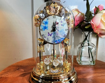 Bulova, Hand Decorated, Butterfly, Anniversary Clock, Ornate, Gold, Purple, Blue, 9 Inch, Girl Center, Right, Quartz, , 1980   K1/22   (#2)