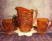 Antique Carnival Glass Water Pitcher, Grape Design, with 2 Matching Color Mugs b 38