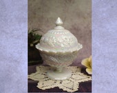 Vintage White Carnival Glass Pedestal Candy Dish, Fruit Pattern, Westmorland Glass b 38
