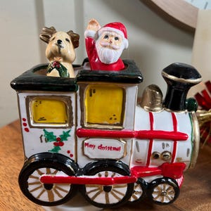Vintage, Porcelain, Musical, Santa with Reindeer riding Christmas Train, 7 Inch, Plays, &quot;Silent Night&quot;, 1960&#39;s   B108-8-19