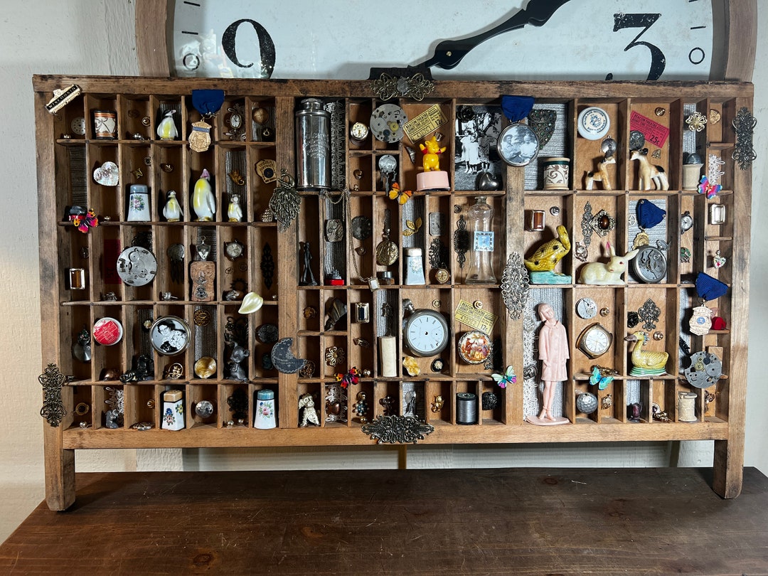 Antique, Decorated, Filled, Wood Printers Box, Tray, Shadow Box