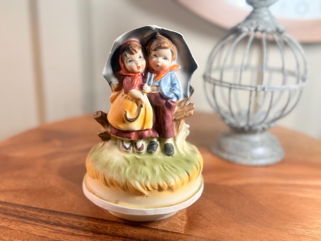 Vintage Hummel Style, Music Box - Kids Under Umbrella 5.5", Plays ...