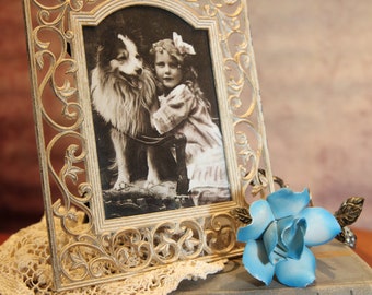 ヴィンテージ額入り絵画、犬と少女、7インチ、本、人形、磁器のバラ