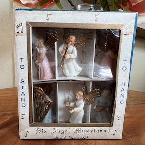 6 Vintage Plastic Angel Musicians, Hang or stand, Includes Box, Hong Kong, MCM, Christmas Angels, 1960&#39;s, 2 Inch   B19-1-22
