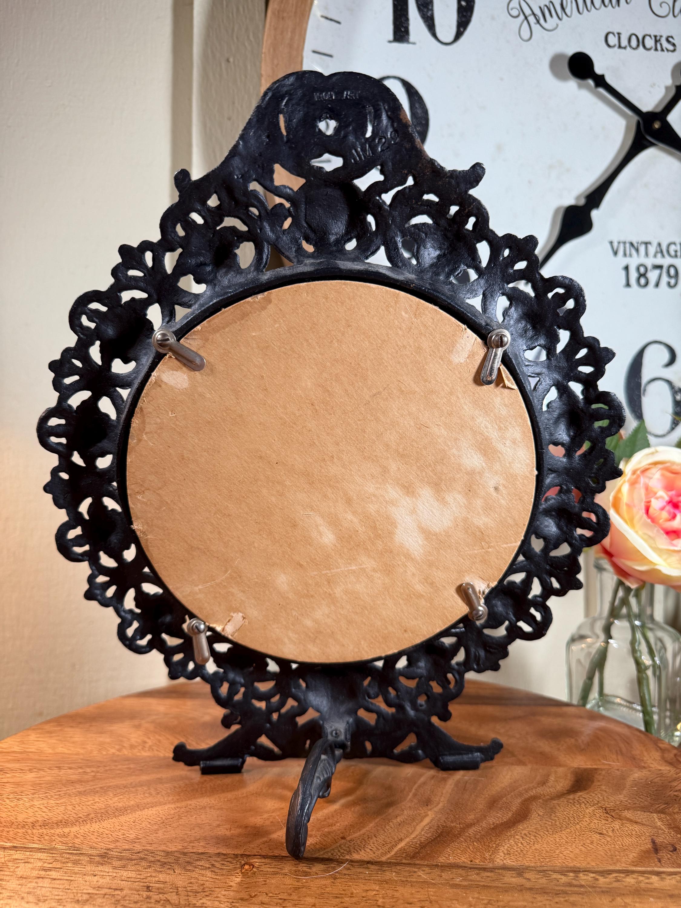 Antique, Round, Filigree, Mirror, Cast Iron, Black, Iron Art, JM29