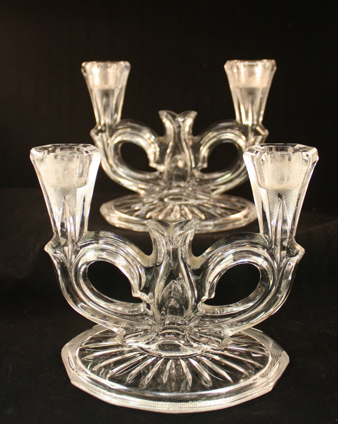 2 Vintage Clear Glass Double Candle Holders Clear Glass Etsy