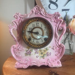 Rare, Antique, Ansonia, Osceola, Porcelain, Mantel Clock, Royal Bonn, Chiming, 10.5 Inch, Parlor Clock, Filigree Face   L4/18