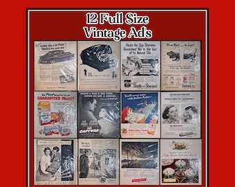 Vintage, advertenties op groot formaat, advertentie, set van 13, eten, auto's, telefoon, 13,5", jaren 1940 tot 1950 B121-4-28