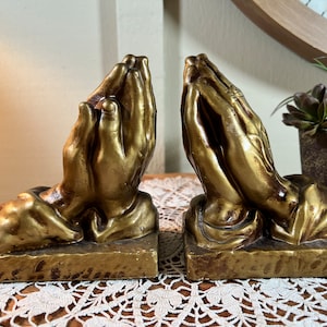 Vintage, Gold, Plaster, Praying Hands, Bookends, Religious, Praying Hands Bookends, 1950&#39;s, 6&quot;      B113-7-24