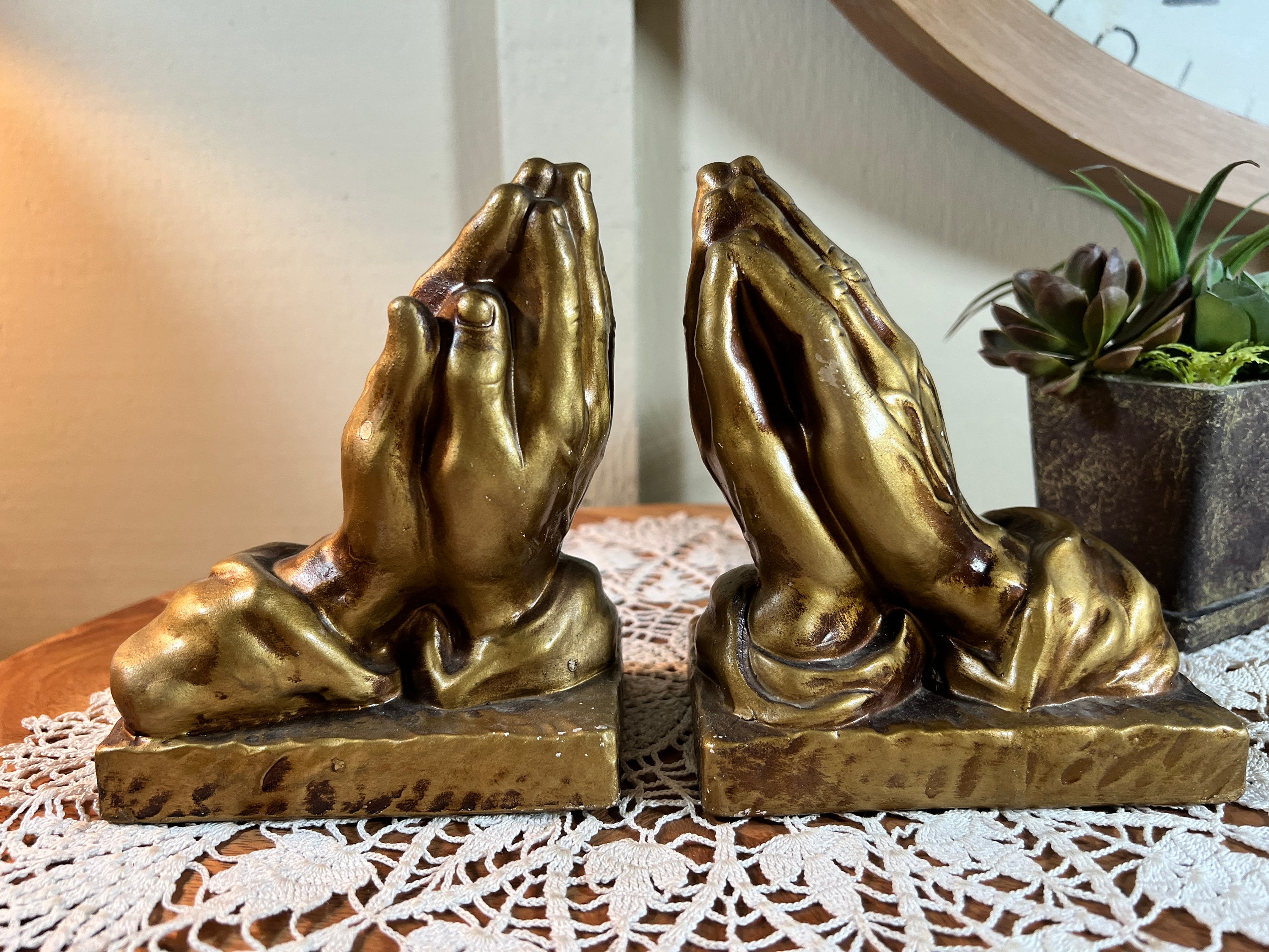 Vintage, Gold, Plaster, Praying Hands, Bookends, Religious