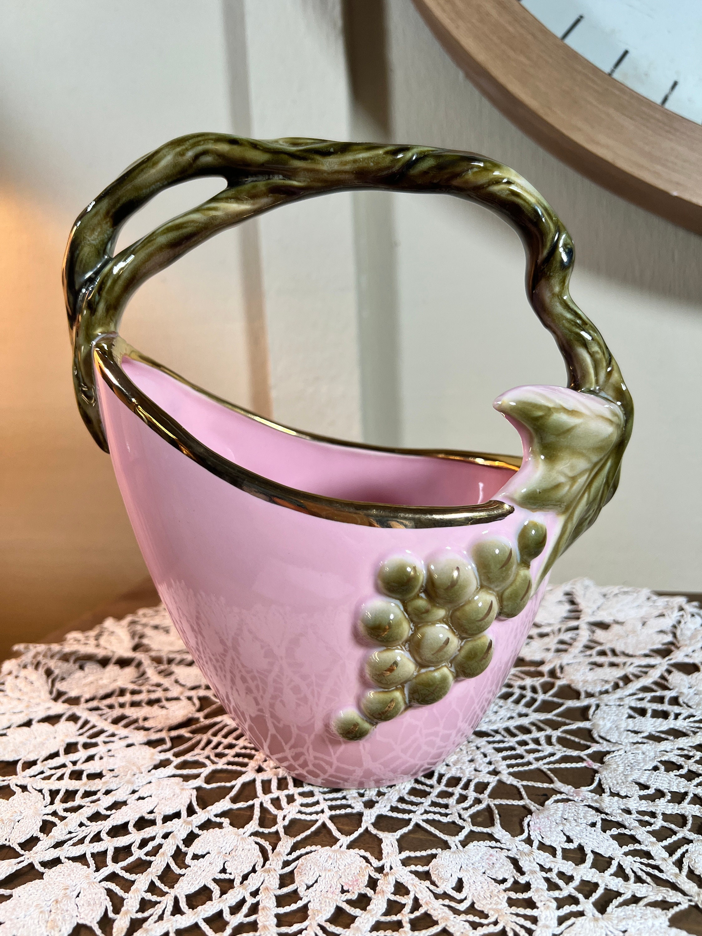 ヴィンテージ、ハル陶器、トカイ、トスカーナ、ピンクバスケット、花瓶