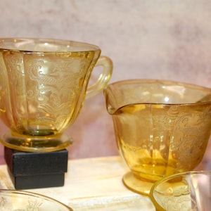 Vintage Embossed Amber Yellow 7 Piece Depression GlassWare, Sugar,Creamer, 4 Pedistal Dessert Bowls, 1 Small Bowl,1930&#39;s        B97