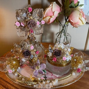 Vintage, Embellished, Oval Milk Glass Tray, Hand Decorated, Vanity Set, 4 pc,  Crystal Perfume Bottle with Dish, 14&quot; 1980&#39;s   B44-7-12