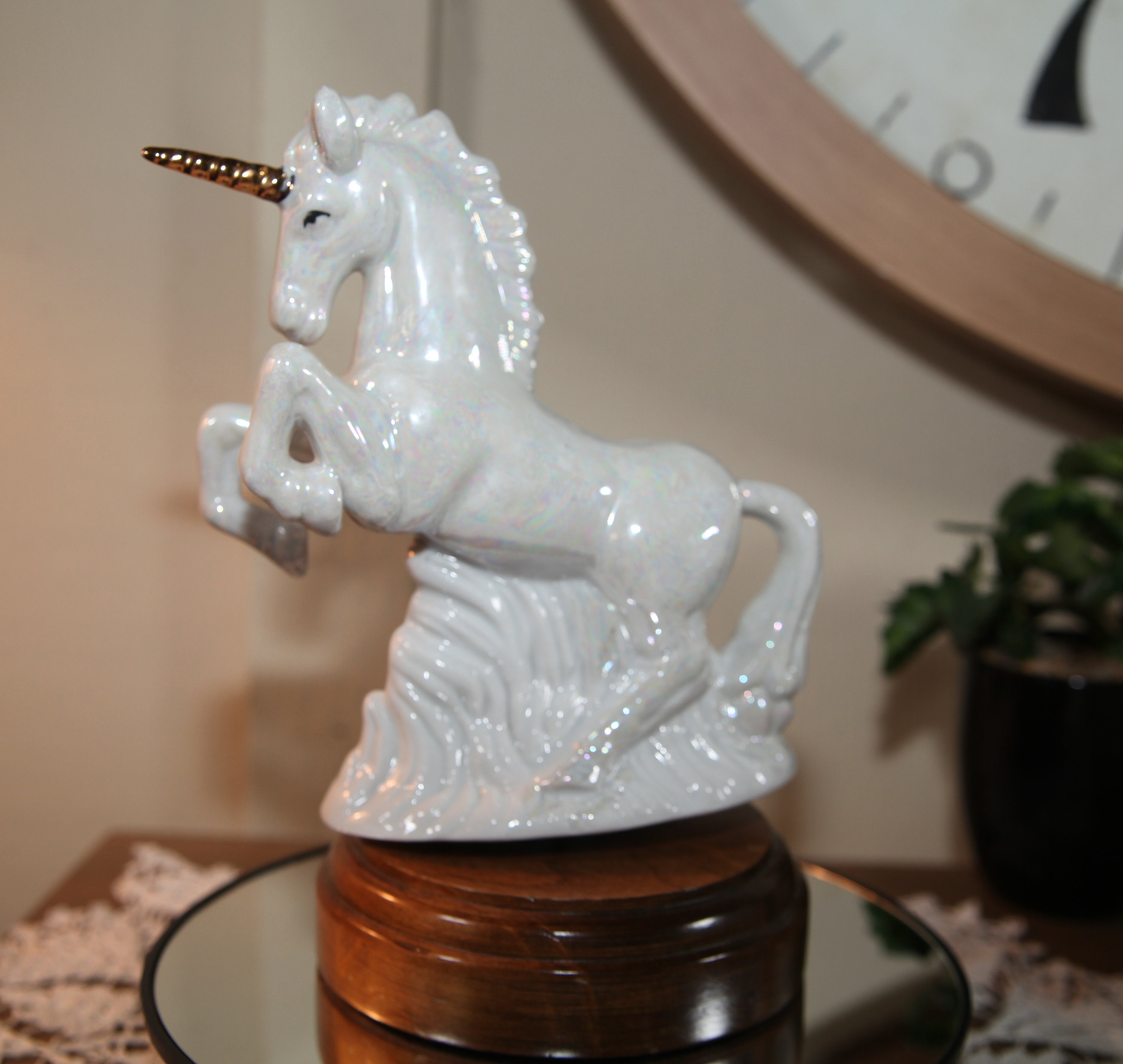 Vintage Ceramic Pearl White Unicorn Musical Carousel Horse