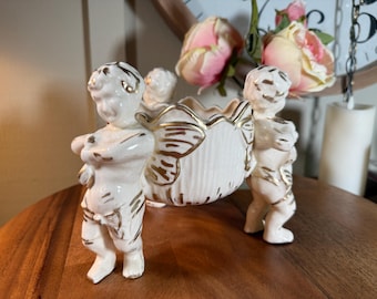 Vintage, Ceramic, Cherub, Angel, Planter, Statue, Gloss, 1960's, Japan, 8"   B73-5-14