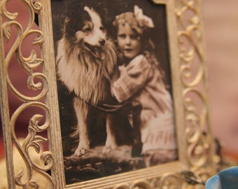 ヴィンテージ額入り絵画、犬と少女、7インチ、本、人形、磁器のバラ