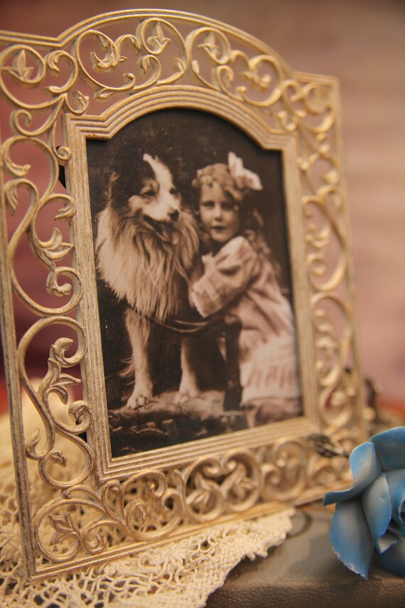ヴィンテージ額入り絵画、犬と少女、7インチ、本、人形、磁器のバラ