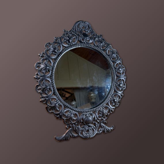 Antique, Round, Filigree, Mirror, Cast Iron, Black, Iron Art, JM29