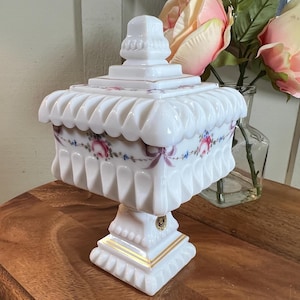 Milk Glass, Pedestal, Candy Dish, Wedding Cake, Vintage, Westmoreland, Hand Painted Floral, 10 Inch, 1960&#39;s   B118-3-1