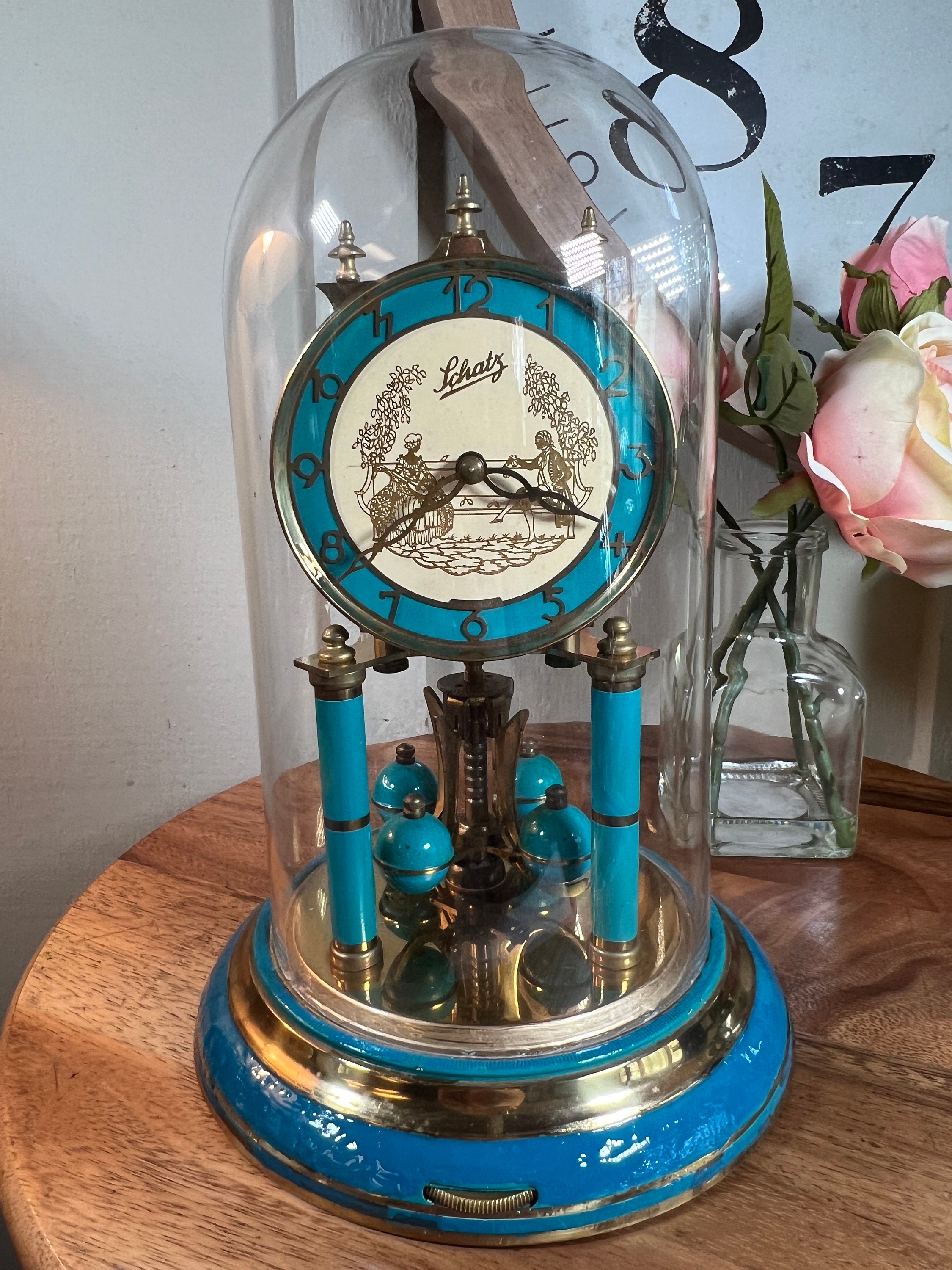 Vintage, Large, Glass Dome, Gold-teal, Schatz, Anniversary Clock