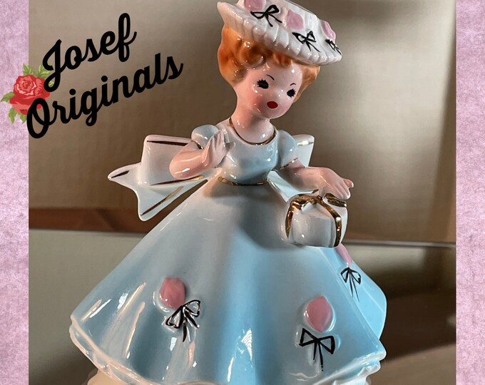 Josef Originals Figurine, Vintage, Girl With Present, Gift, Blue Dress