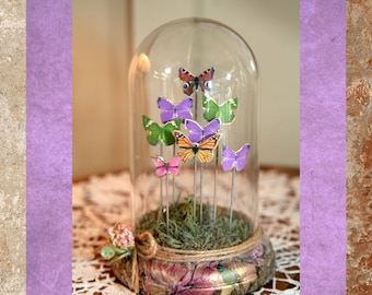 Vintage Handmade Glass Butterfly Dome, Green, Purple & Brown Butterfly's, Not Real Butterfly's, 6.5" (#18) Basm.