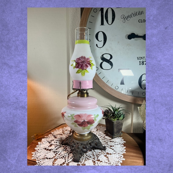 Vintage, Electric Oil Lamp, Hand Painted, Floral, Milkglass Bottom, Converted to Electric, 13 inch, 1940's   B114-8-28