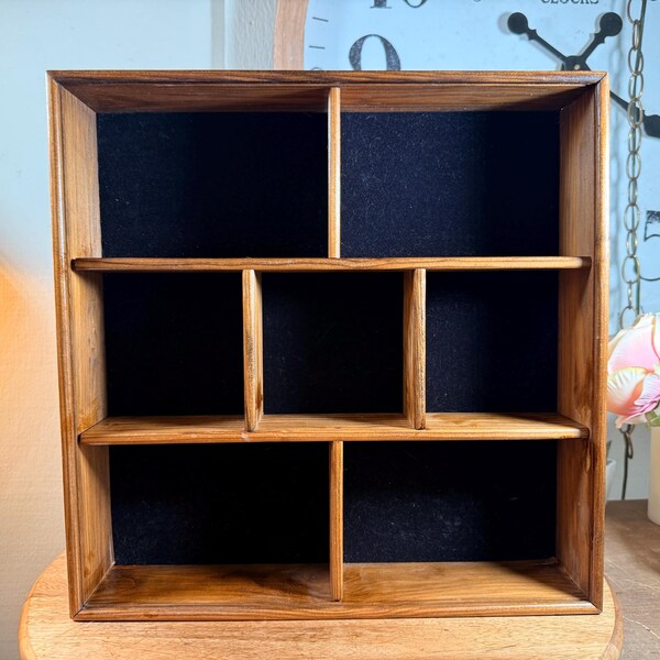 Vintage, Shadow Box, Wood Display Case, Brown Color,  Cubby Holes, 7 Assorted Size Cubbys, 14 1/4"  1970's   D3/3