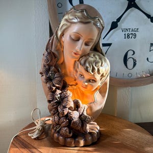 Virgin Mary Holding Baby Jesus Large Ceramic Lighted Statue, Vintage, Reiligous Statue 16&quot;, 1960&#39;s     (KR)-8-9