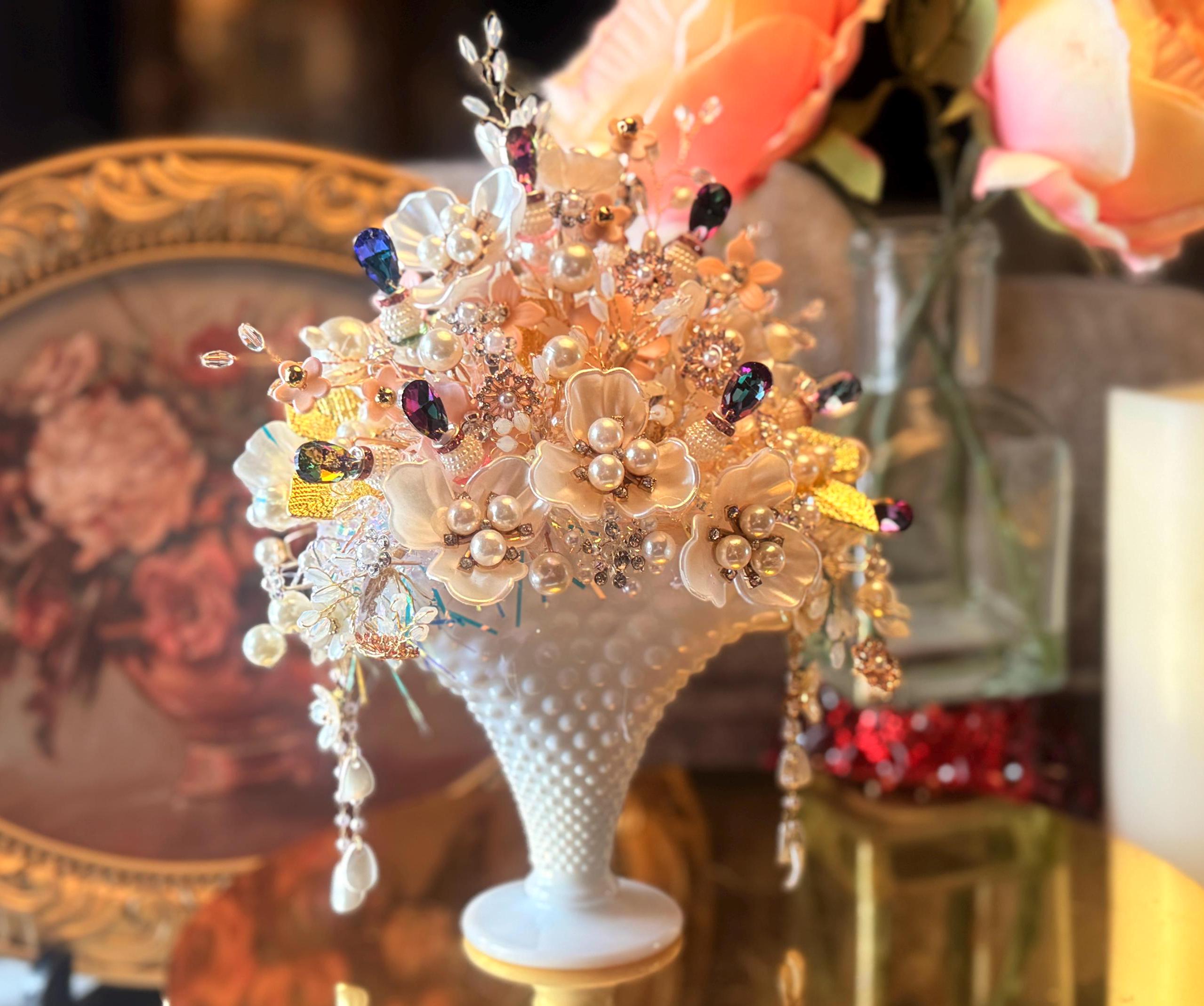 Vintage, Hand Jeweled, White, Milk Glass Hobnail Fan Vase, Small