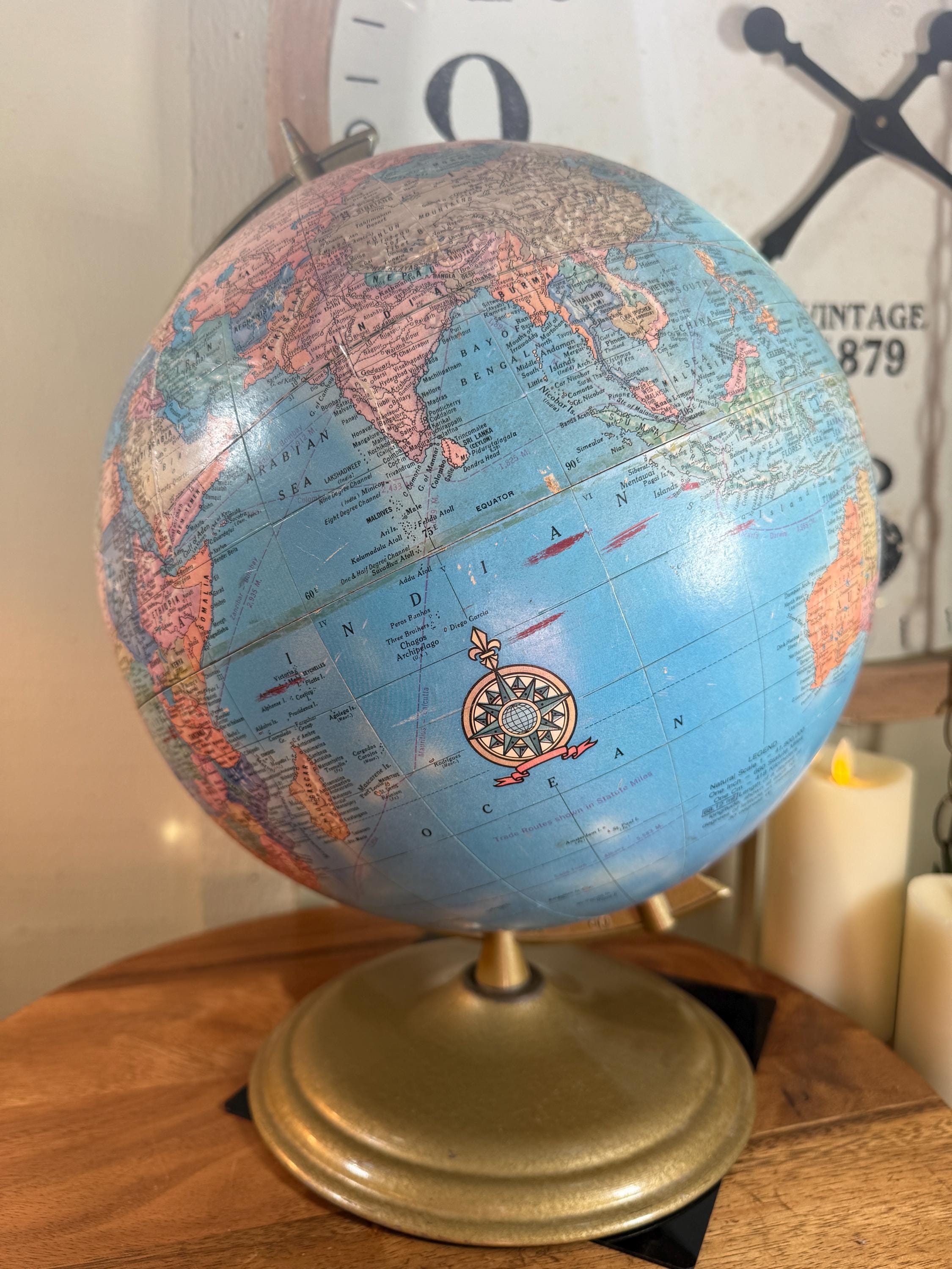 Vintage, 12 Inch, Crams, World Globe, Blue Features, Raised Relief
