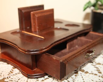 Vintage Wooden 1 Drawer Mens Valet Wallet Dresser Top Organizer Jewelry  Box, 1970's, 7" B35-7-31